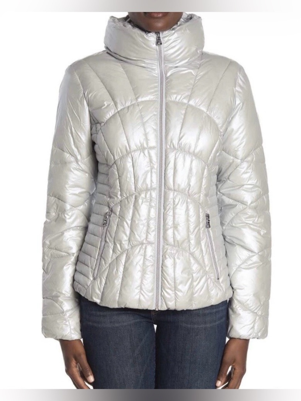 GUESS White Pearl Quilted Puffer Jacket Womens Size Medium